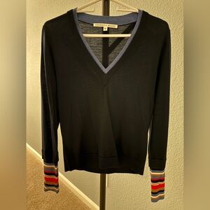 Veronica Beard Black V-Neck Sweater with Multicolor Striped Cuffs